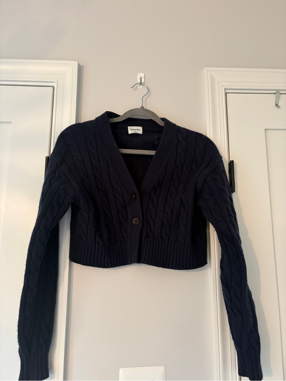 Aritzia Sunday Best Cable-Knit Cropped Cardigan Sweater - Navy